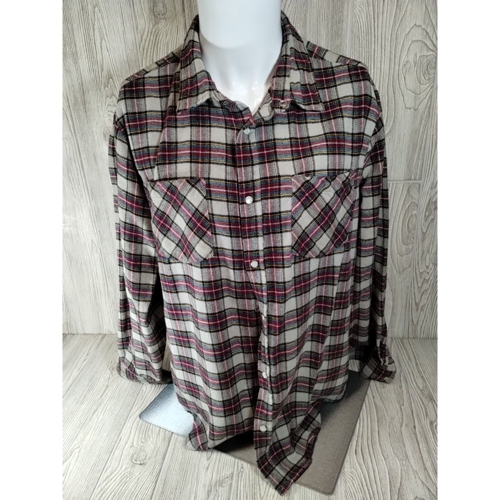 Haband Casual Joe Flannel Shirt Men's L‎ Red Plaid Long Sleeve Pearl Snap